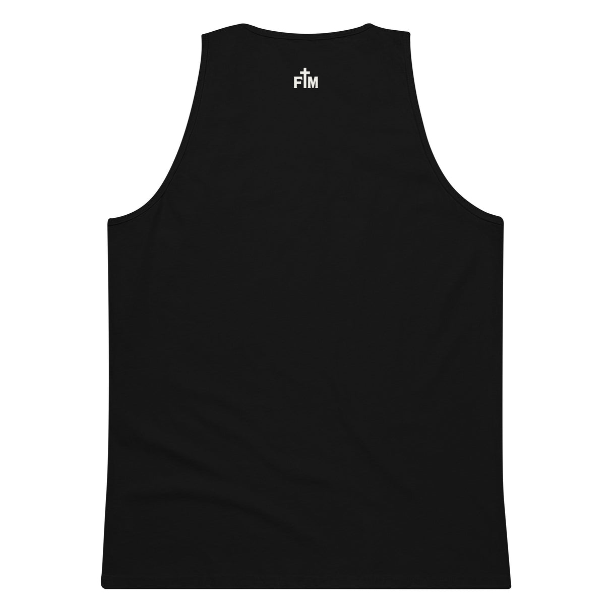 Small cream white Faith Mode logo on the upper back neck of a men's premium black tank top