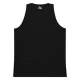 Small cream white Faith Mode logo on the upper back neck of a men's premium black tank top