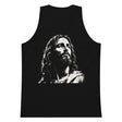 Black men’s cotton tank top featuring a large distressed cream-white artistic portrait of Jesus on the front.