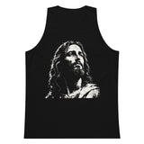 Black men’s cotton tank top featuring a large distressed cream-white artistic portrait of Jesus on the front.