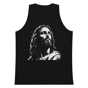 Black men’s cotton tank top featuring a large distressed cream-white artistic portrait of Jesus on the front.
