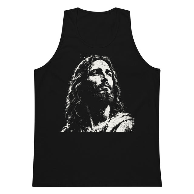 Black men’s cotton tank top featuring a large distressed cream-white artistic portrait of Jesus on the front.