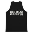 Black men’s tank top with bold cream-white “Bless Those Who Curse You” lettering and Luke 6:28 printed on the front.