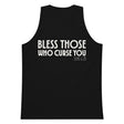 Black men’s tank top with bold cream-white “Bless Those Who Curse You” lettering and Luke 6:28 printed on the front.
