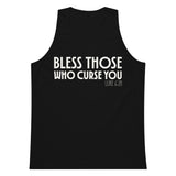 Black men’s tank top with bold cream-white “Bless Those Who Curse You” lettering and Luke 6:28 printed on the front.