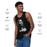 Black men’s cotton tank top featuring a large distressed cream-white artistic portrait of Jesus on the front.