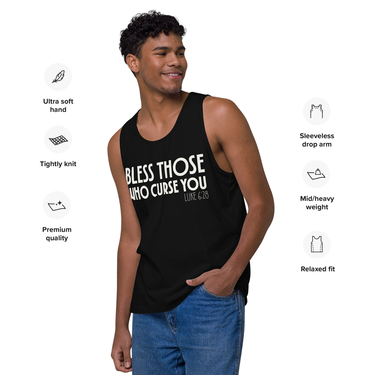 Black men’s tank top with bold cream-white “Bless Those Who Curse You” lettering and Luke 6:28 printed on the front.