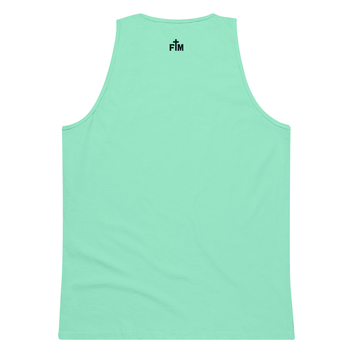 Small dark blue Faith Mode logo printed on the upper back neck of a premium mint green men's tank top