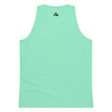 Small dark blue Faith Mode logo printed on the upper back neck of a premium mint green men's tank top