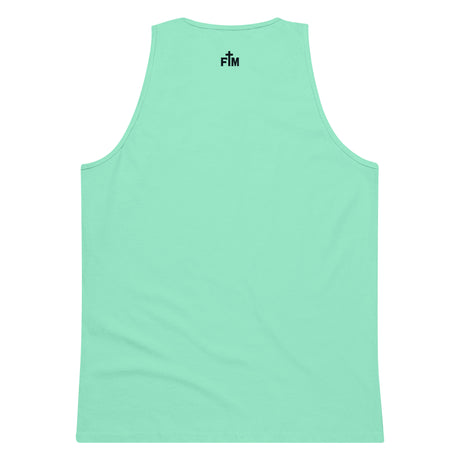 Small dark blue Faith Mode logo printed on the upper back neck of a premium mint green men's tank top