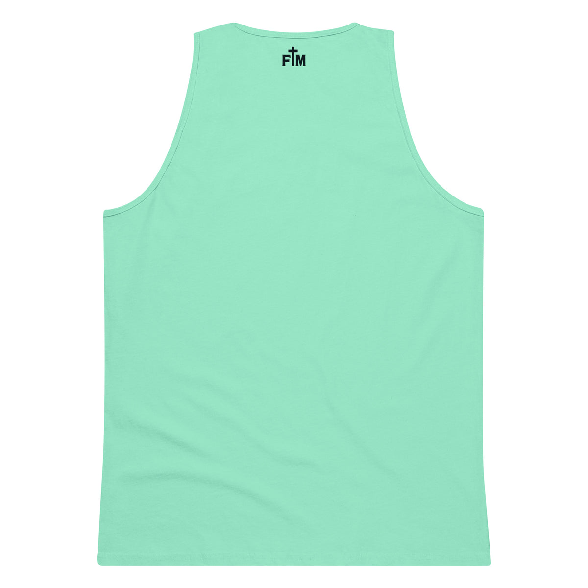 Small dark blue Faith Mode logo printed on the upper back neck of a premium mint green men's tank top