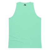 Small dark blue Faith Mode logo printed on the upper back neck of a premium mint green men's tank top
