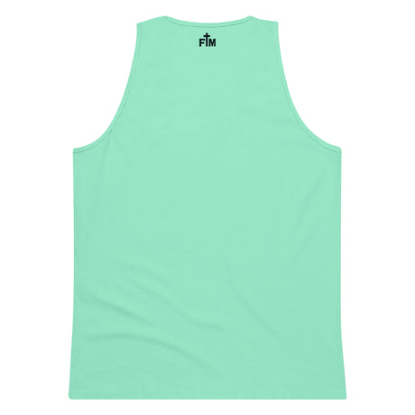 Small dark blue Faith Mode logo printed on the upper back neck of a premium mint green men's tank top