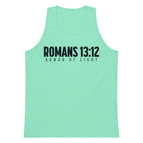 Mint men’s tank top featuring dark navy Romans 13:12 and Armor Of Light typography across the front.