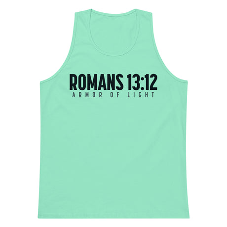 Mint men’s tank top featuring dark navy Romans 13:12 and Armor Of Light typography across the front.