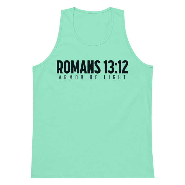 Mint men’s tank top featuring dark navy Romans 13:12 and Armor Of Light typography across the front.