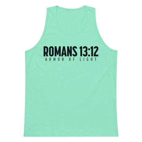 Mint men’s tank top featuring dark navy Romans 13:12 and Armor Of Light typography across the front.
