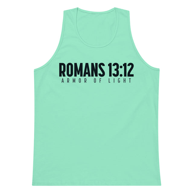 Mint men’s tank top featuring dark navy Romans 13:12 and Armor Of Light typography across the front.
