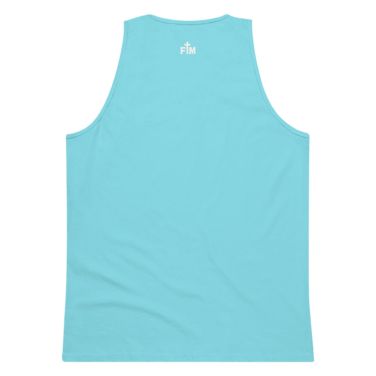 Small cream white Faith Mode logo printed on a pacific blue men's premium tank top, shown on upper back