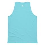 Small cream white Faith Mode logo printed on a pacific blue men's premium tank top, shown on upper back