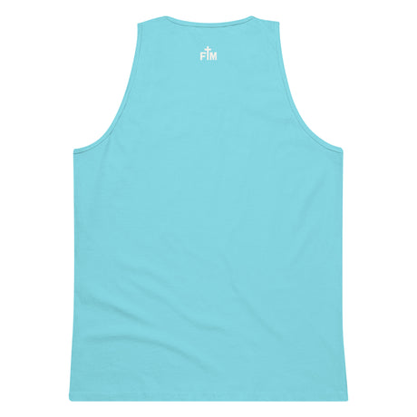 Small cream white Faith Mode logo printed on a pacific blue men's premium tank top, shown on upper back