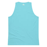 Small cream white Faith Mode logo printed on a pacific blue men's premium tank top, shown on upper back