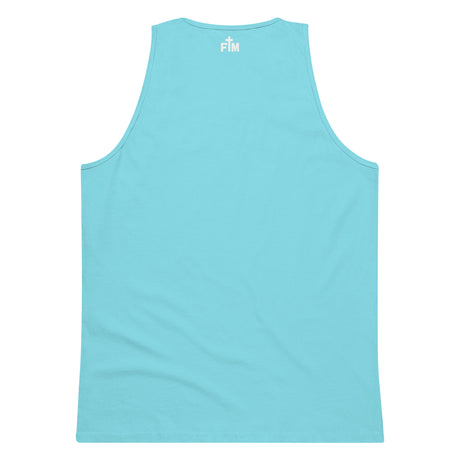 Small cream white Faith Mode logo printed on a pacific blue men's premium tank top, shown on upper back