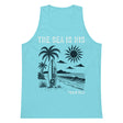 Pacific blue men’s tank top featuring a retro beach scene with palm trees, a surfboard, waves, and The Sea Is His Psalm 95:5 text.