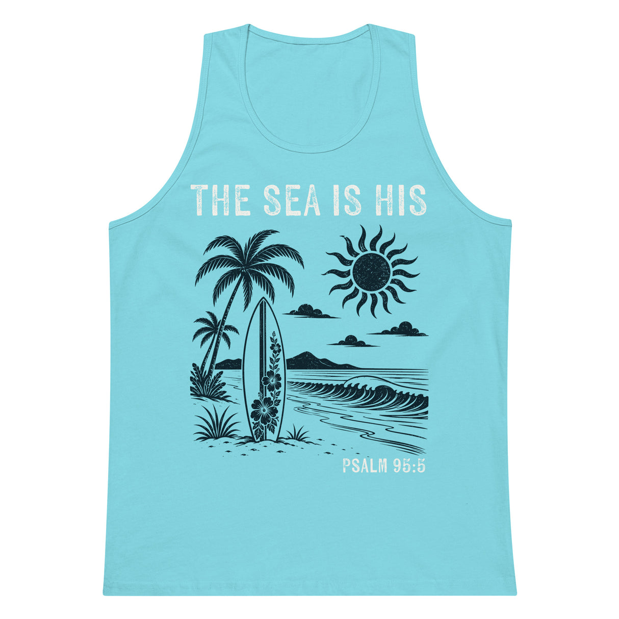 Pacific blue men’s tank top featuring a retro beach scene with palm trees, a surfboard, waves, and The Sea Is His Psalm 95:5 text.