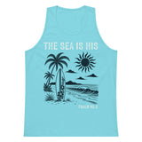 Pacific blue men’s tank top featuring a retro beach scene with palm trees, a surfboard, waves, and The Sea Is His Psalm 95:5 text.