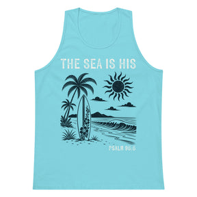 Pacific blue men’s tank top featuring a retro beach scene with palm trees, a surfboard, waves, and The Sea Is His Psalm 95:5 text.