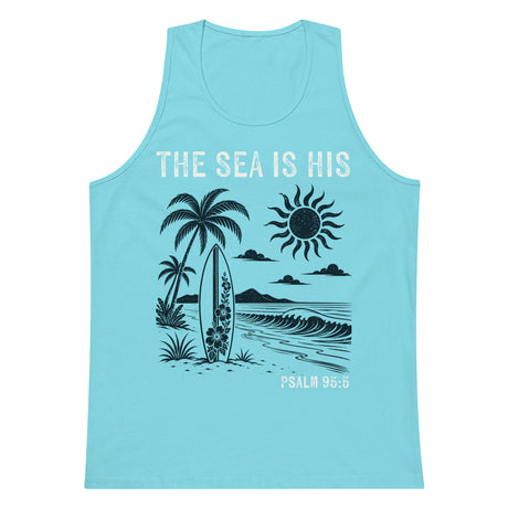 Pacific blue men’s tank top featuring a retro beach scene with palm trees, a surfboard, waves, and The Sea Is His Psalm 95:5 text.