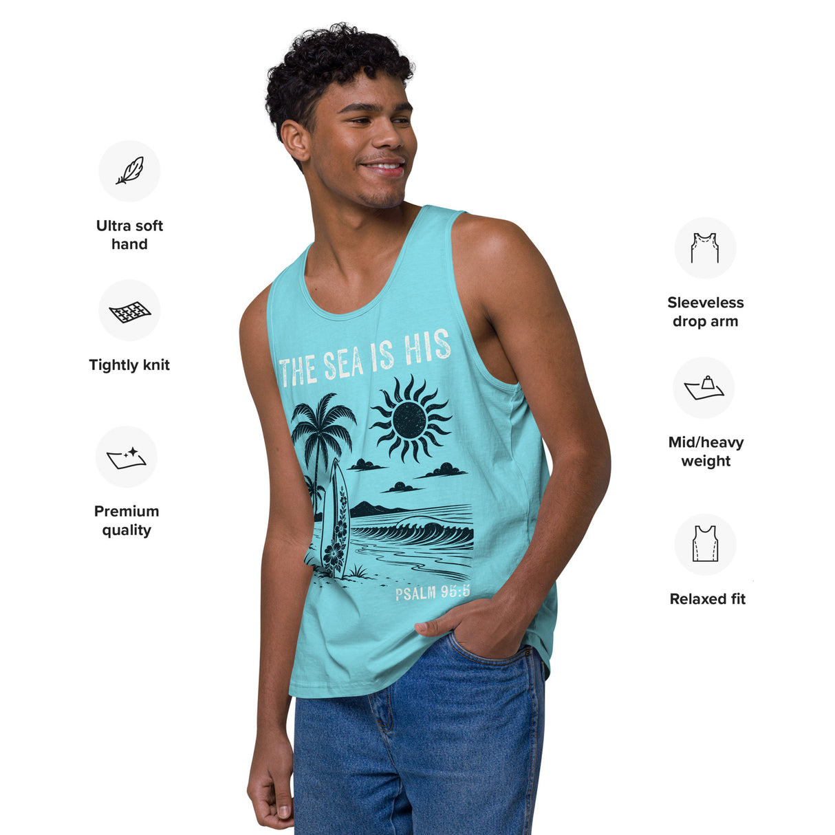 Pacific blue men’s tank top featuring a retro beach scene with palm trees, a surfboard, waves, and The Sea Is His Psalm 95:5 text.