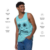 Pacific blue men’s tank top featuring a retro beach scene with palm trees, a surfboard, waves, and The Sea Is His Psalm 95:5 text.