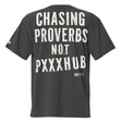 Black t-shirt with white text on the back on a white background