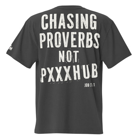 Black t-shirt with white text on the back on a white background