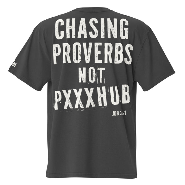 Black t-shirt with white text on the back on a white background
