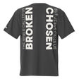 Black t-shirt with white text on a white background