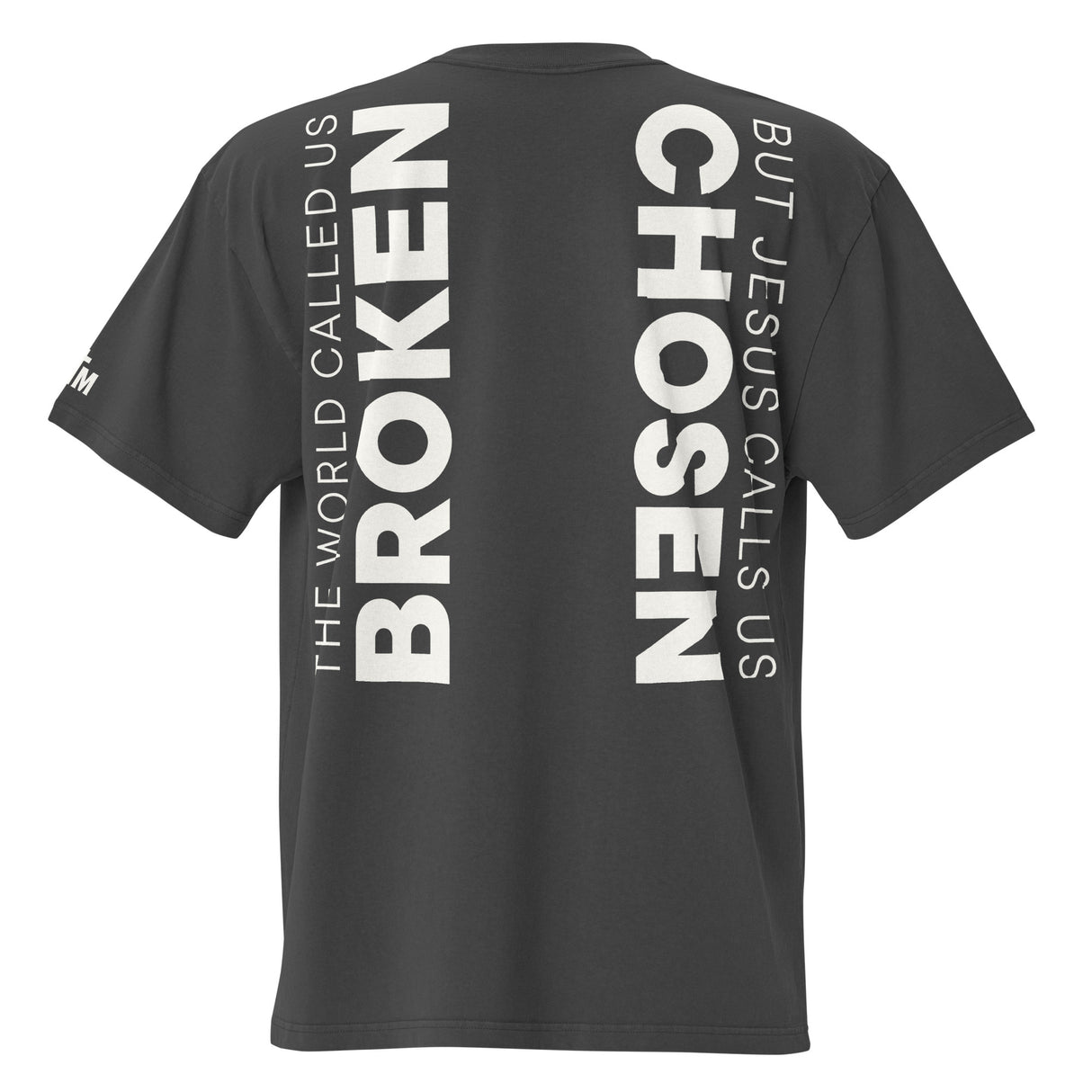 Black t-shirt with white text on a white background