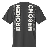Black t-shirt with white text on a white background
