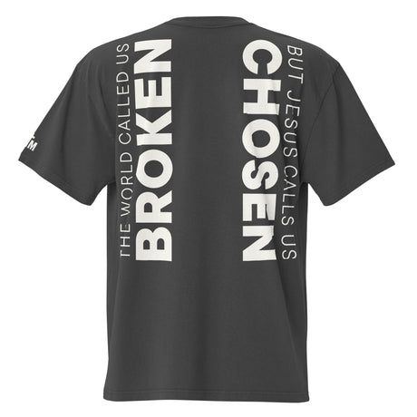 Black t-shirt with white text on a white background