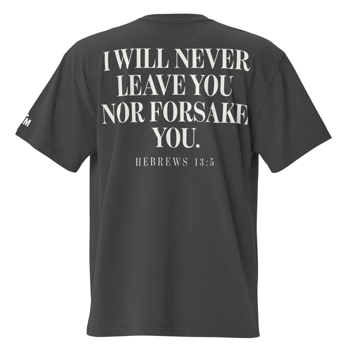 Black t-shirt with white text on the back on a white background