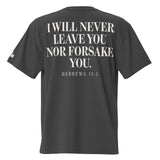 Black t-shirt with white text on the back on a white background