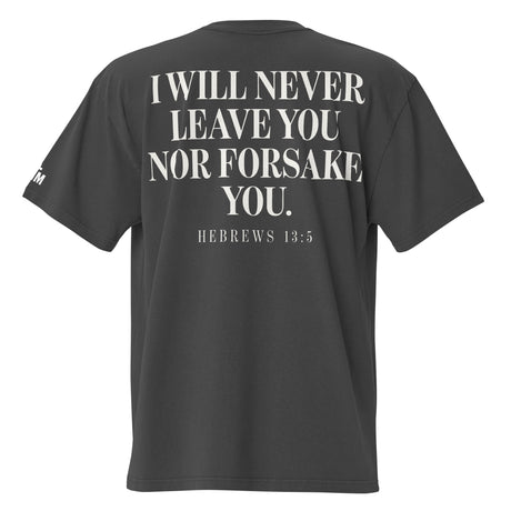 Black t-shirt with white text on the back on a white background