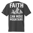 Black t-shirt with 'Faith Can Move Mountains' text and mountain graphic on a white background