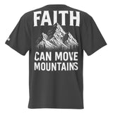 Black t-shirt with 'Faith Can Move Mountains' text and mountain graphic on a white background