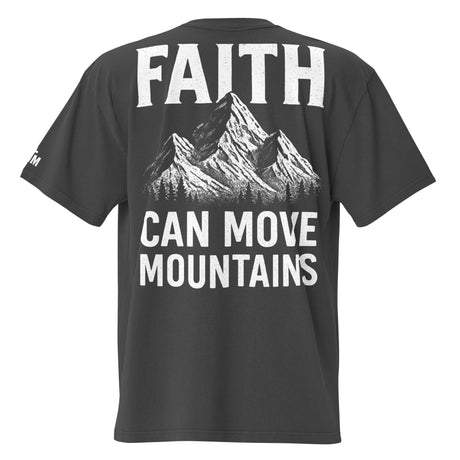 Black t-shirt with 'Faith Can Move Mountains' text and mountain graphic on a white background