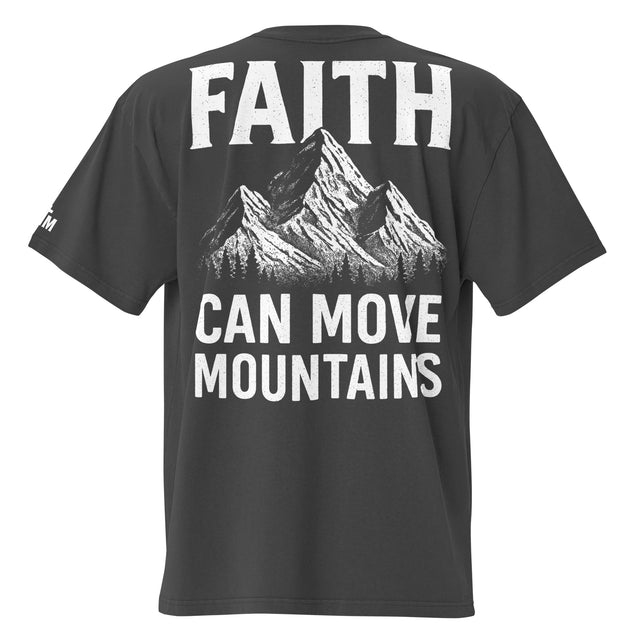 Black t-shirt with 'Faith Can Move Mountains' text and mountain graphic on a white background
