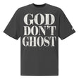 Black t-shirt with 'GOD DON'T GHOST' text on a white background