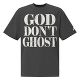 Black t-shirt with 'GOD DON'T GHOST' text on a white background